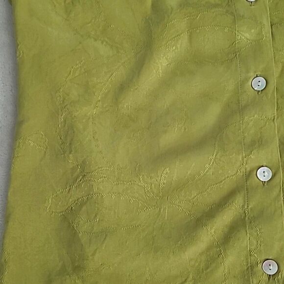 Chicos Design Women's Silk Collared Blouse Green Size 0 Roll Tab Sleeve Floral - Picture 7 of 12